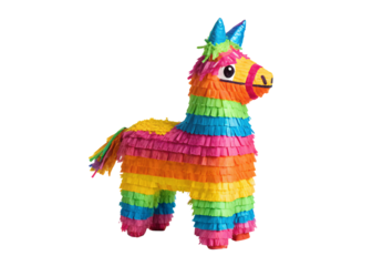 Vibrant rainbow unicorn donkey piñata, isolated on a transparent background