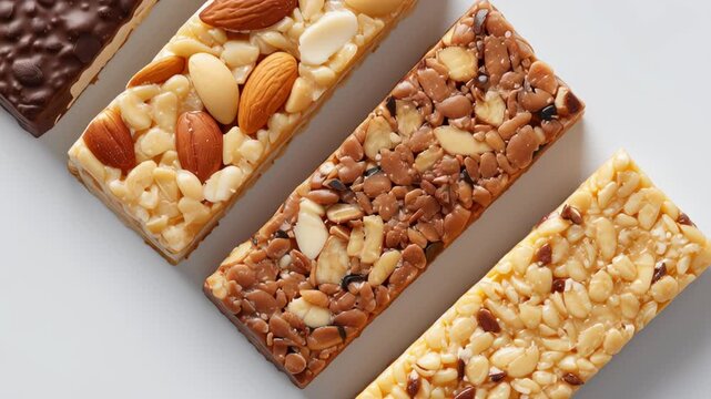 The brownies, with visible nuts, seeds and chocolate coating, are arranged in organized rows as the camera glides smoothly across the set, highlighting the textures & balanced arrangement of the foods