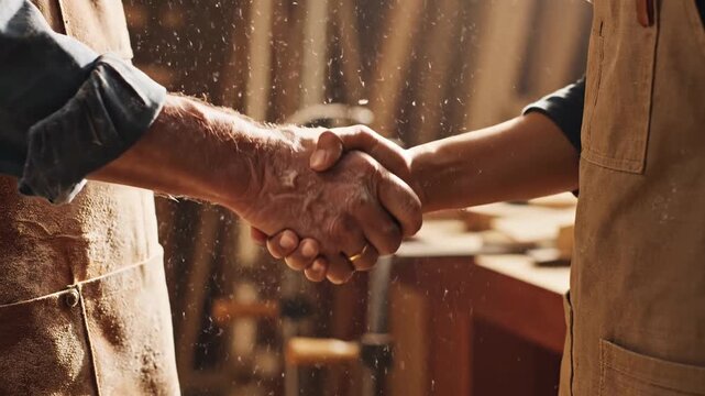 Two skilled carpenters shaking hands in a dusty workshop sealing a successful business deal.