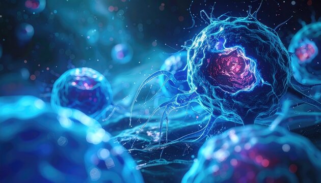 Microscopic view of vibrant blue biological cells pulsating with inner pink light and intricate tendrils against a dark futuristic background depicting a scientific marvel - Powered by Adobe