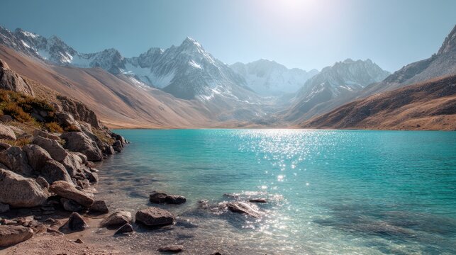 Bright sun shines on mountain lake with sparkling turquoise water, blue sky over rocky peaks. Alpine landscape for travel and nature concept.