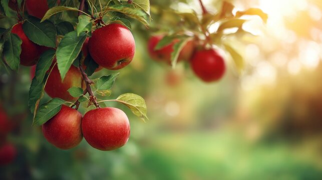 Red apples hanging on a tree branch in an orchard with a blurred green background. Symbol of fresh fruit harvest, healthy eating, and nature abundance.