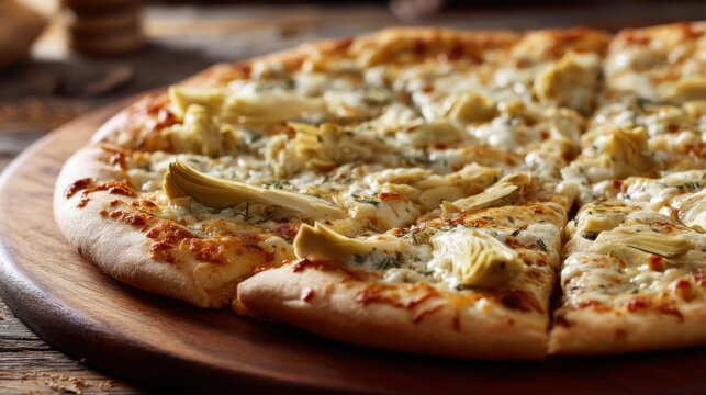 Delicious whole pizza with artichoke, cheese, and herb on wooden board. Appetizing Italian flatbread for restaurant menu and culinary concept.