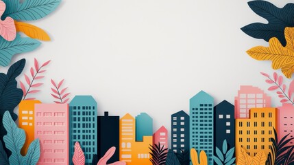 A vibrant, colorful paper-cut cityscape surrounded by tropical leaves, showcasing a playful blend of urban and natural elements.