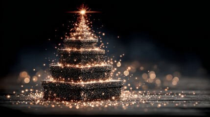 Abstract Christmas tree made of stacked gift boxes, black and gold, for a luxury holiday greeting against a dark bokeh background 