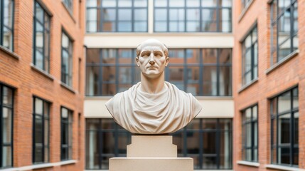 A classical bust of a Roman figure is prominently displayed in a modern courtyard surrounded by contemporary brick buildings and large windows.