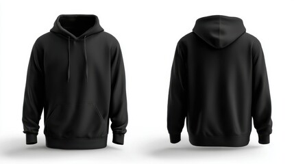 Black hooded sweatshirt mockup, front and back view, for apparel design presentation. Blank long sleeve hoodie for customization.