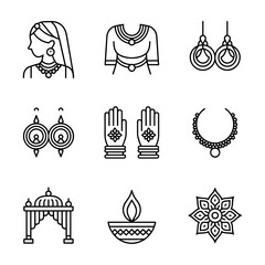 Minimal Indian Wedding Line Art Icon Set &ndash; Traditional Bridal and Cultural Outline Vector Collection
