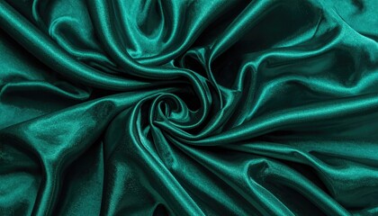 Luxurious dark teal satin fabric with elegant folds and swirling patterns.