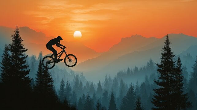 Man on mountain bike jumping over trees. Extreme sport and adventure concept. Outdoor activity for active lifestyle and healthy living.