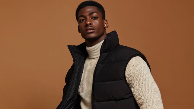 Young african american man posing in black puffer vest and beige turtleneck sweater on brown background. Modern male fashion for advertising. - Powered by Adobe