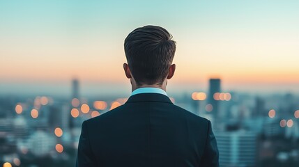 A man in a suit gazes at a city skyline at sunset, surrounded by blurred city lights, evoking a sense of contemplation and aspiration.