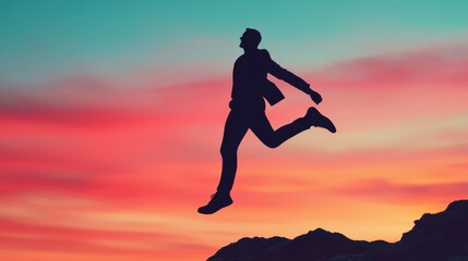 A silhouetted figure leaps against a vibrant sunset sky, embodying freedom and adventure in a moment of exhilaration.
