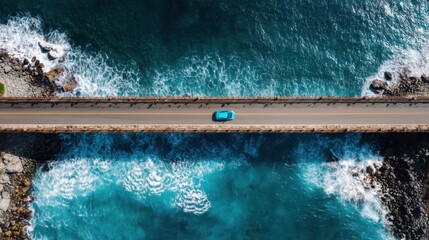 Blue car driving on coastal road bridge over turquoise ocean water. Scenic aerial view of vehicle journey, vacation trip concept.