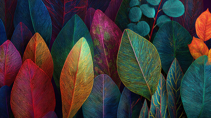 A vibrant array of colorful leaves in a variety of hues, showcasing nature's artistry