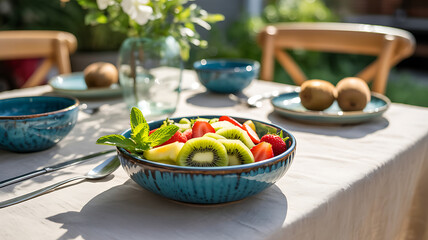 Fresh fruit salad in a blue bowl on a table set for an outdoor meal