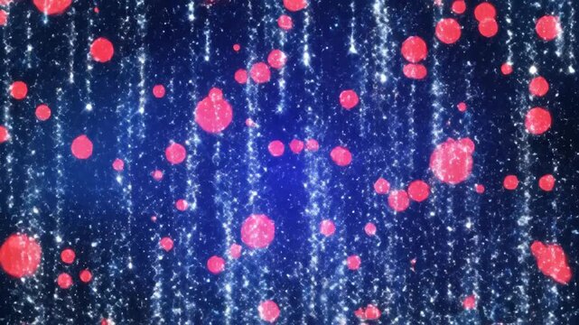 A glowing, abstract, blue backdrop featuring bright, red circular objects and sparkling lines