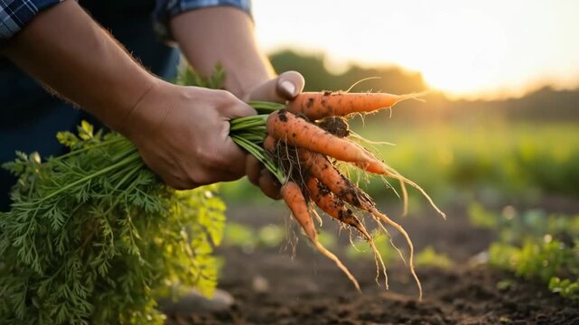 farmer hands holding bunch of fresh carrots with falling soil against sunset. organic vegetable harvest in garden. agriculture, healthy food concept. eco farming, summer nature background.