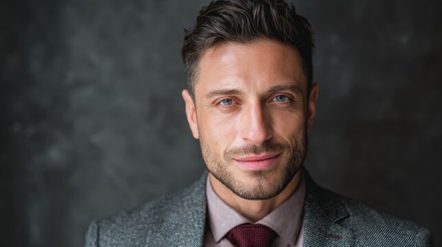 Headshot of a handsome man with a beard and light blue eyes wearing a suit and looking at the camera with a confident smile. Professional portrait for business and lifestyle. - Powered by Adobe