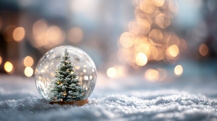Christmas tree in snow globe on winter snow with warm bokeh lights. Winter holiday ornament for festive greeting card or seasonal celebration.