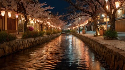 Fototapeta premium Canal at night illuminated by paper lanterns and cherry blossoms, reflecting light on water. Traditional japanese scenery for travel and tourism.