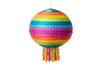 Vibrant spherical pi&ntilde;ata with rainbow horizontal stripes and hanging ribbons, isolated on a transparent background