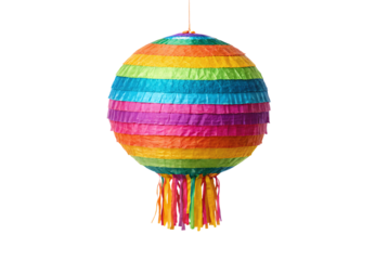Vibrant spherical piñata with rainbow horizontal stripes and hanging ribbons, isolated on a transparent background