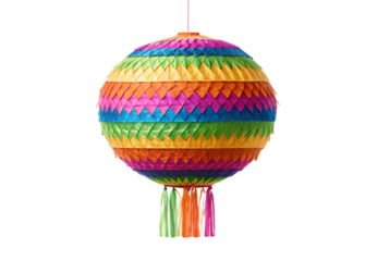 Decorative round piñata with diamond pattern in multiple bright colors, isolated on a transparent background