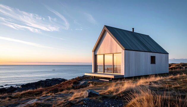 Minimalist wooden cabin with large glass windows overlooking a serene ocean at sunset with warm golden light illuminating the sky and rugged coastal landscape. - Powered by Adobe