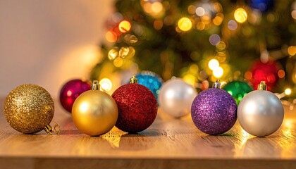 Festive Christmas ornaments arranged on a wooden table with a blurred bokeh background of a decorated tree.