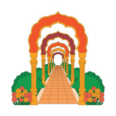 Traditional Indian Wedding Entrance Arch with Floral Pathway &ndash; Vector Illustration