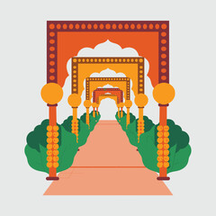 Traditional Indian Wedding Entrance Pathway with Decorative Arches and Floral Elements &ndash; Vector Illustration