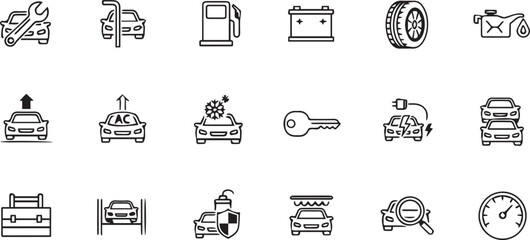 Clean Vector Line Icons Set for Car Service, Automotive Repair, and Vehicle Maintenance