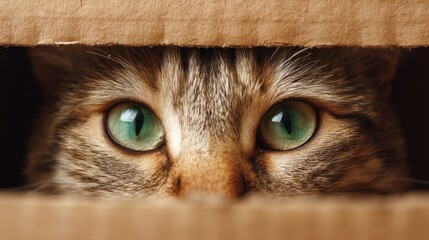 Naklejka premium Domestic cat with striking green eyes peeking from inside a cardboard box. Curiosity and playful hiding behavior of a pet animal.