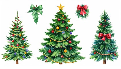 Collection of Watercolor Christmas Trees and Festive Holiday Decorations.