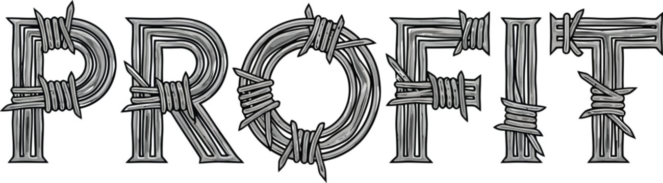 Profit word typography design created with metallic barbed wire and rough industrial texture.