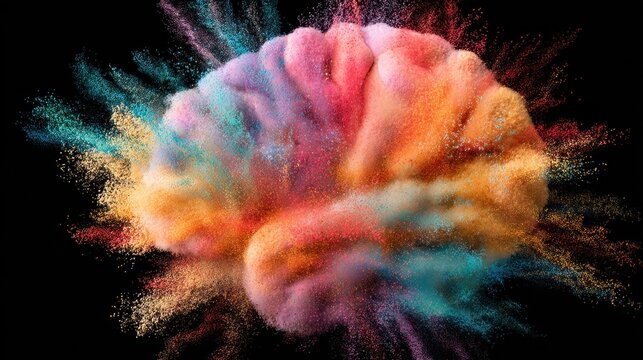 Colorful powder explosion forming a human brain shape. Creative concept of imagination, intelligence, or mental health. - Powered by Adobe