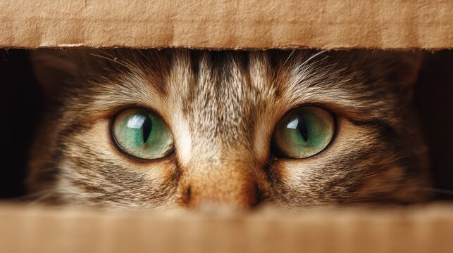 Domestic cat with striking green eyes peeking from inside a cardboard box. Curiosity and playful hiding behavior of a pet animal.