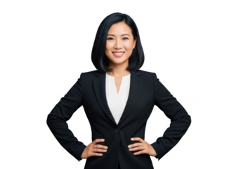Professional asian woman in a dark suit and white blouse smiling confidently with hands on hips isolated on transparent background