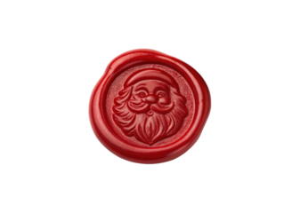 Red wax seal stamp Santa Claus portrait cheerful expression traditional Christmas embossed design classic, isolated on a transparent background