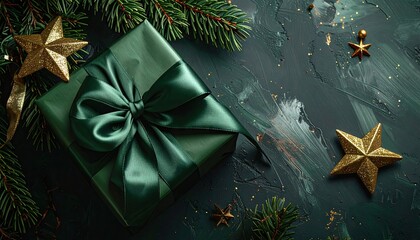 Elegant dark green Christmas gift box with gold stars and pine branches.