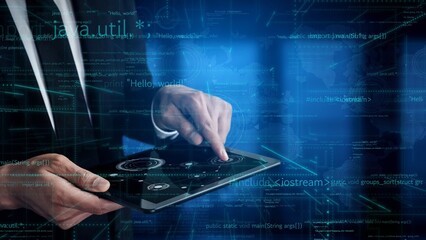 A focused business professional engages with a digital tablet, exploring advanced technology and data visualization through a futuristic interface rich with programming codes. Xenic