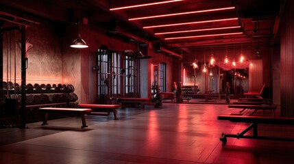 Modern gym interior with red neon light and fitness equipment. Empty space for workout and weightlifting training. Atmospheric health club.