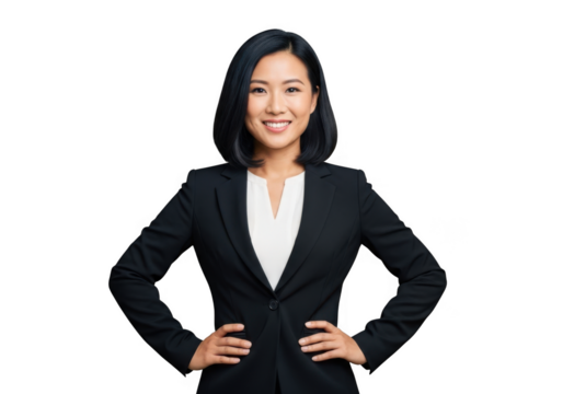 Professional asian woman in a dark suit and white blouse smiling confidently with hands on hips isolated on transparent background