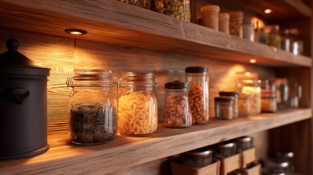 Glass jar with pasta and loose leaf tea on wooden shelf with warm lighting. Organized kitchen pantry full of dry goods for home cooking.