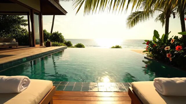 Tropical resort paradise infinity pool loungers ocean view palm tree sunlight