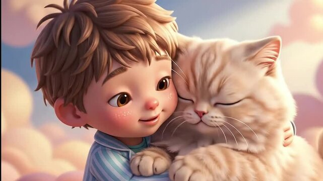 Boy's Tender Embrace Capturing a Heartwarming Moment of Affection with a Fluffy Feline Friend
