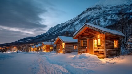 Cozy wooden cabins by snow-covered mountain at twilight. Winter evening landscape with illuminated lodge. Seasonal holiday retreat or travel concept.