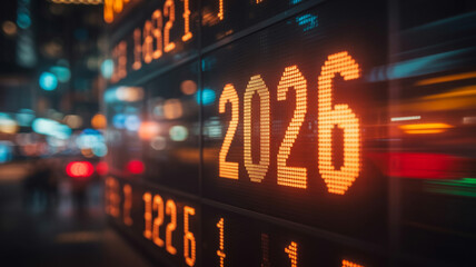 Illuminated display showing financial data and the year 2026 a sign of future trends investment opportunities and economic forecasting
