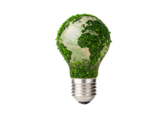 Light bulb covered moss world map continents environmental concept sustainability green energy earth, isolated on a transparent background